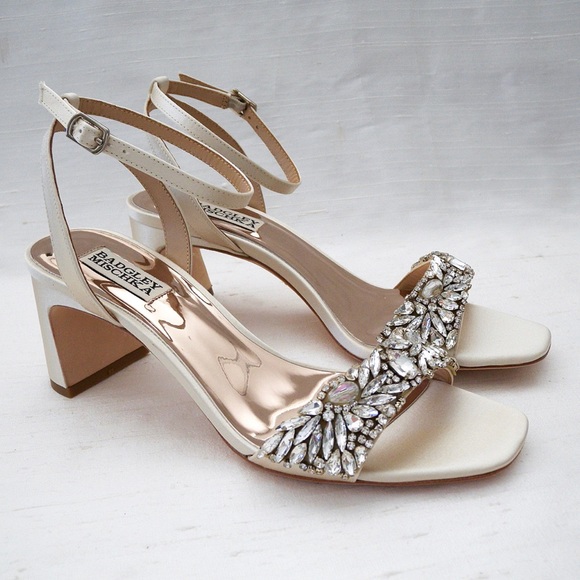 Badgley Mischka Marsha, Block Heel Rhinestone Sandals in Ivory Satin - Picture 3 of 14